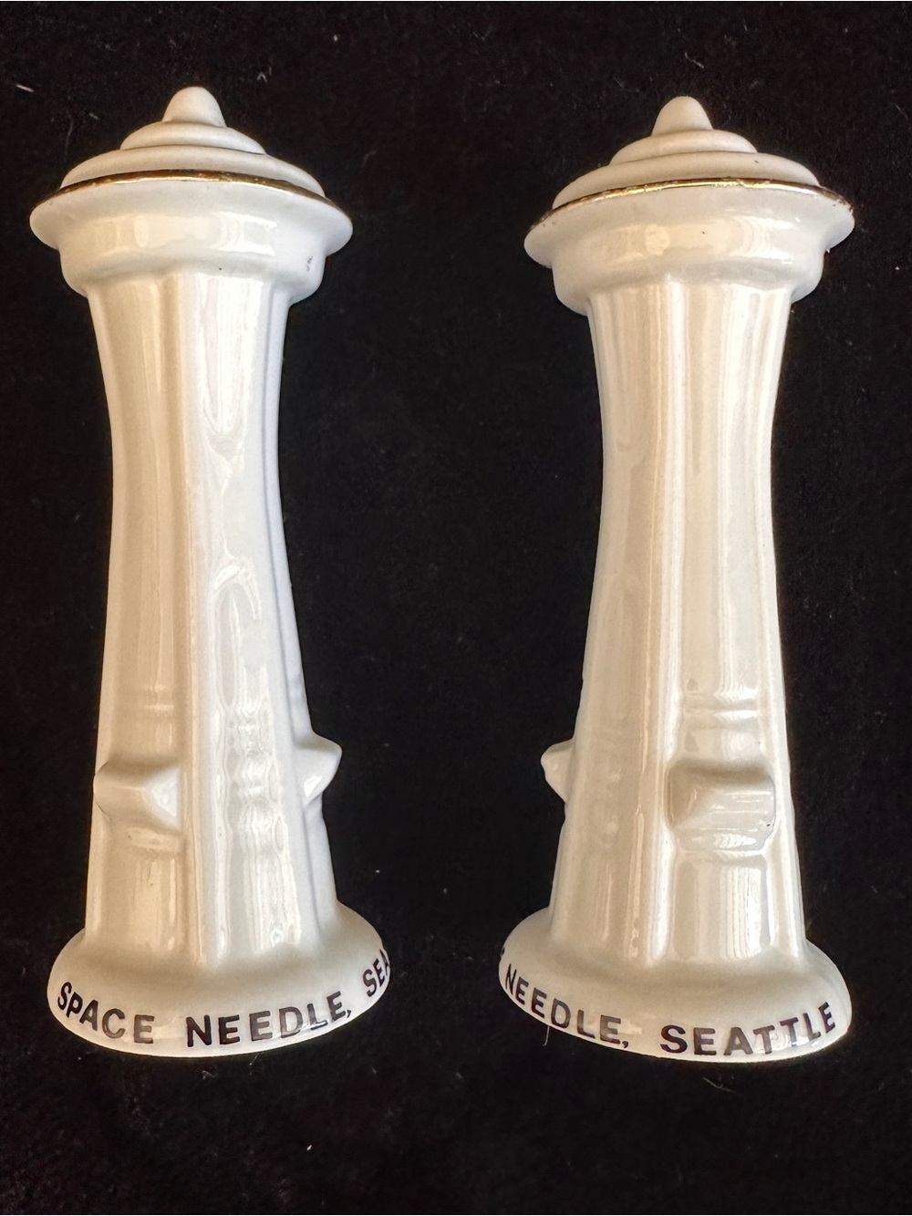 Space Needle Ceramic Salt & Pepper Shakers - White with Gold Trim